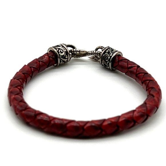 Rockertype braided leather bracelet with silver Clasp Red - Picture 1 of 4